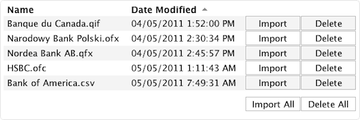 Import List displays a list of transaction files, each of which can be imported and deleted.