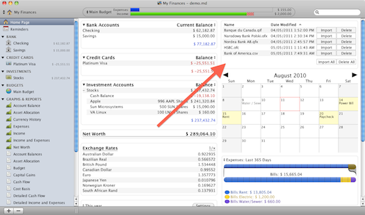 The homepage / summary page of Moneydance 2010: Note the Import List extension in the top right corner.